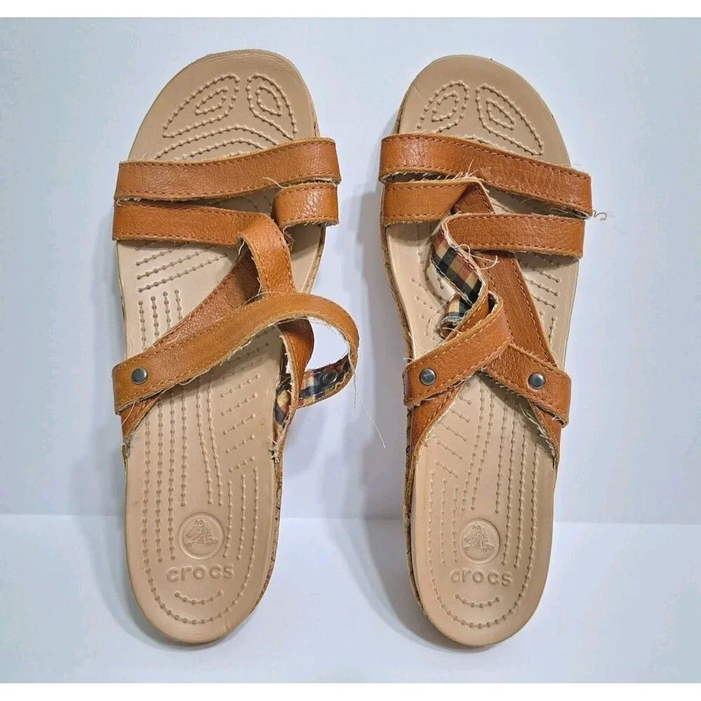 Crocs A-leigh Women's 9 Wedge Sandals Brown Leather Cork Strappy - Picture 8 of 10